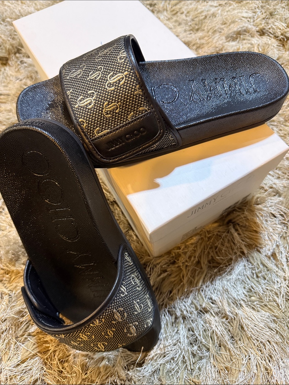 Jimmy Choo FITZ Black/Gold JC Monogrammed Slides - Picture 12 of 14